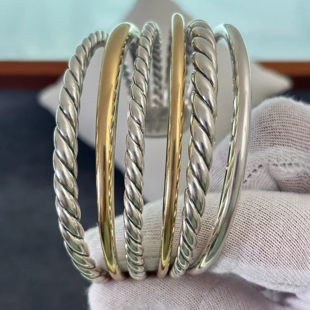 David Yurman 925 & 18k Gold Six Row Pure Form Bracelet-Small